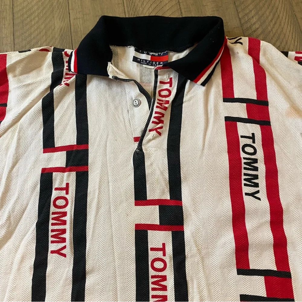 Vintage Tommy Hilfiger Rugby Polo Shirt All Over Graphics Men’s Large 80’s 90’s - Picture 4 of 10